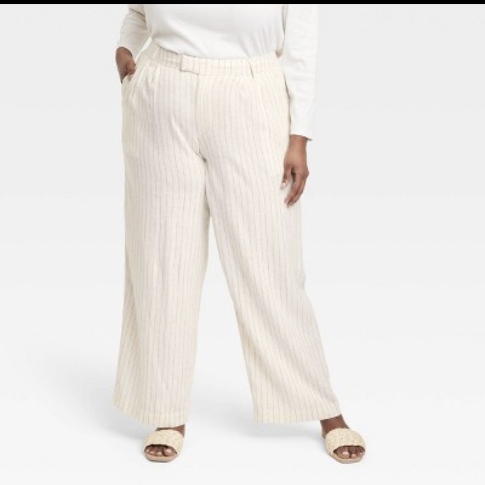2S Women's High-Rise Linen Wide Leg Fluid Pants A New Day Cream/Black Pin Stripe